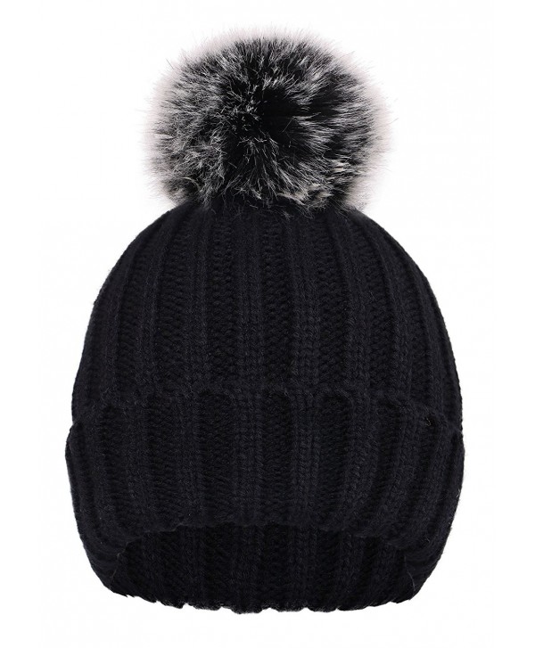Cute Fluffy Fur Pompom Knit Winter Beanie Hat - Black - CC188IO8845