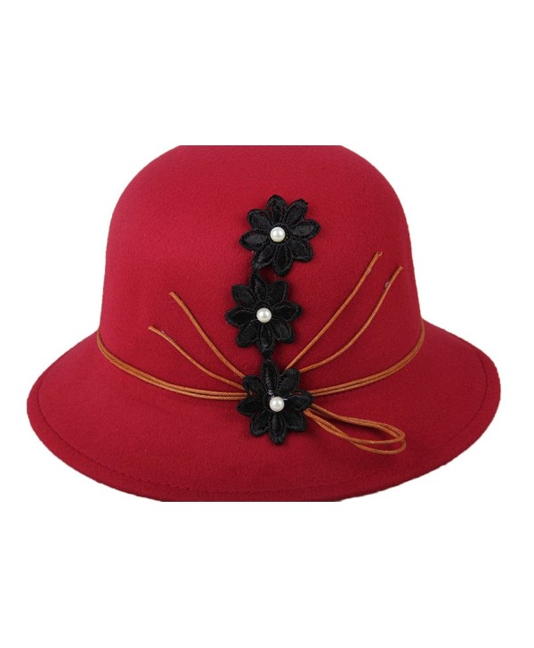 Womens Flower Sun Hat Wool Felt Bucket Hat - Red - C912NBZDMWR