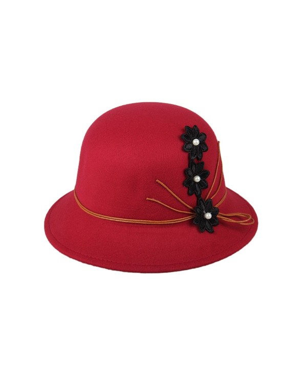 Womens Flower Sun Hat Wool Felt Bucket Hat - Red - C912NBZDMWR