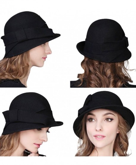 Women Solid Color Winter Hat 100 Wool Cloche Bucket With Bow Accent Black Cg12nsjlil5