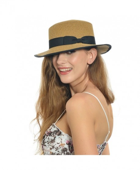 Fanny Straw Flat Sun Hat with Bow F239 - Brown - C711WHG8LPN