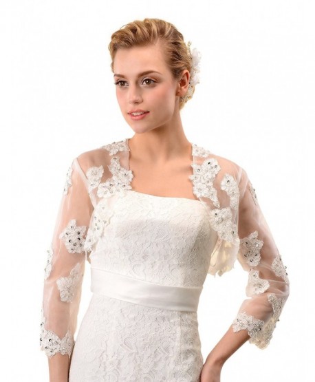3/4 Sleeves Ivory Tulle Wedding Bridal Shrug Lace Bolero w Sequin ...