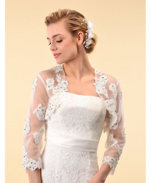 3/4 Sleeves Ivory Tulle Wedding Bridal Shrug Lace Bolero w Sequin ...