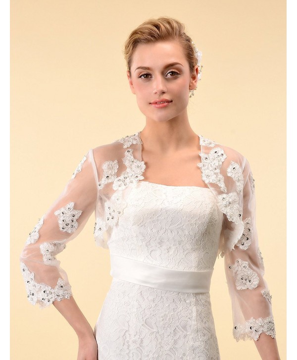 3/4 Sleeves Ivory Tulle Wedding Bridal Shrug Lace Bolero w Sequin ...