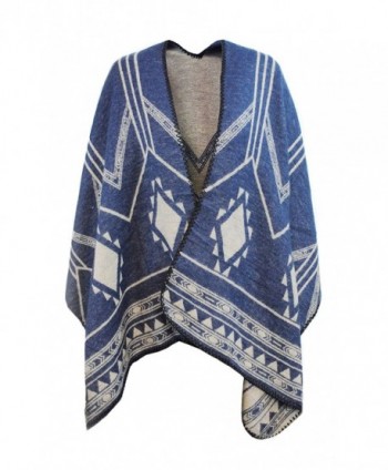 Day Wrap Knitted Poncho & Winter Scarf in 1 for Women w/ Overlocked Seams - Blue/Beige - CP189D9LWTG