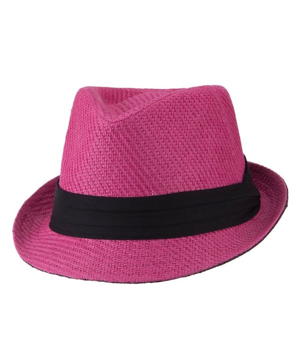 Toyo Straw Fedora Hat with Black Band - OSFM - Fuchsia - CR11E8U1RVL