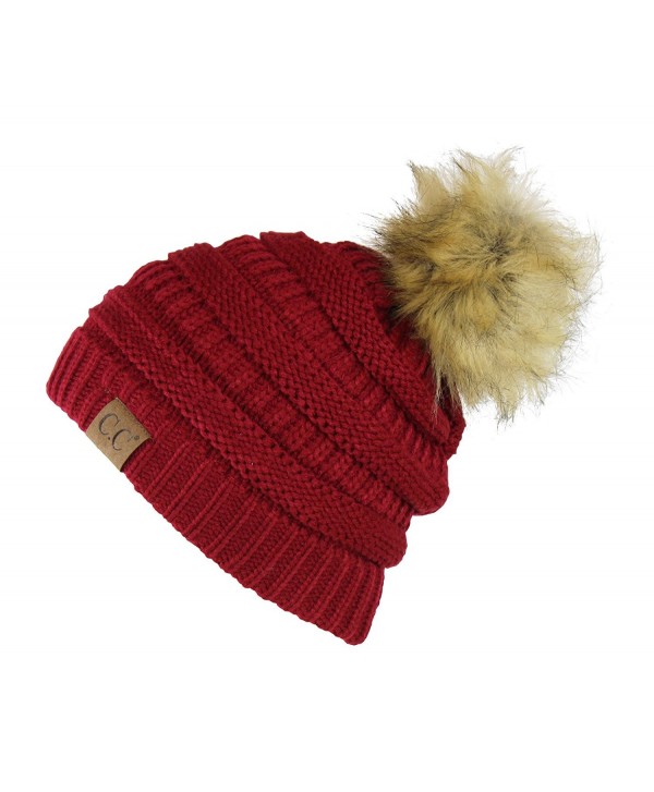 Chunky Cable Knit Beanie Hat w/ Faux Fur Pom Pom - Winter Soft Stretch ...
