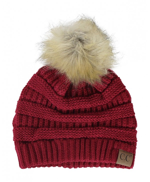 Chunky Cable Knit Beanie Hat w/ Faux Fur Pom Pom - Winter Soft Stretch ...